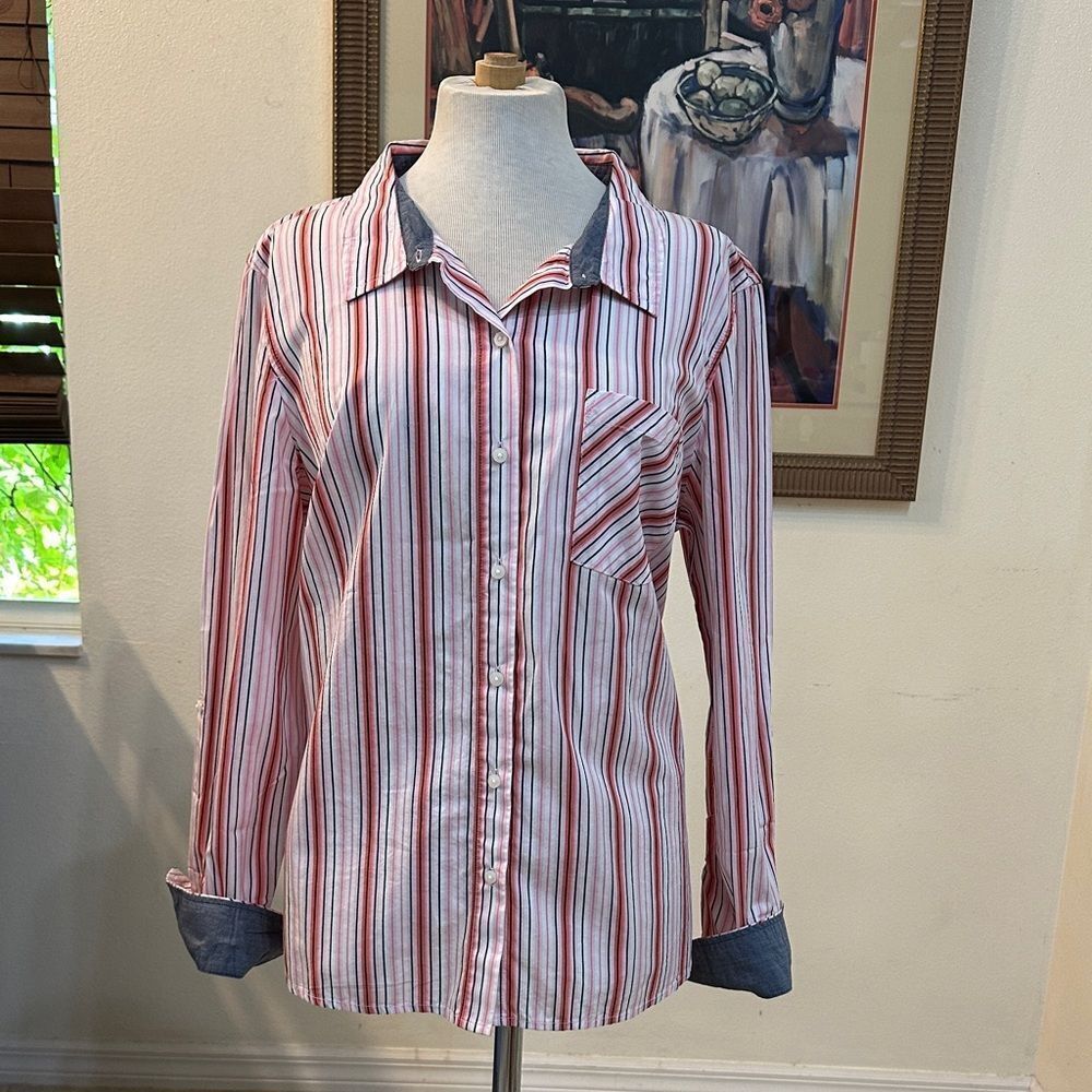 Tommy Hilfiger Top- Striped Women’s Button Down Shirt w/ Contrast Cuffs Size XL